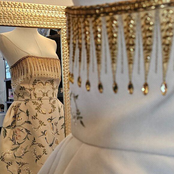 Whimsical Fairytale Strapless Dress Sz 8 L Wedding Garden Embroidered Tea Length - Picture 7 of 12